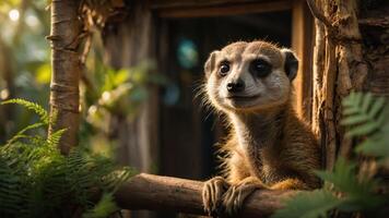 A meerkat gazes curiously from its natural habitat, surrounded by greenery. photo