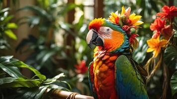 A vibrant parrot adorned with flowers, set in a lush tropical environment. photo