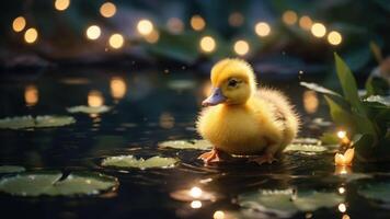 A cute yellow duckling sits on lily pads in a serene pond, illuminated by soft lights. photo