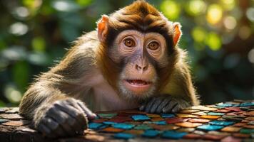 A curious monkey gazes at colorful tiles on a table in a natural setting. photo