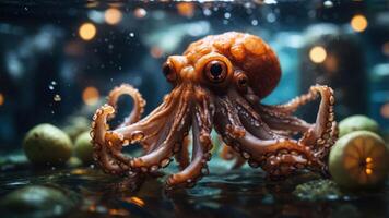 A vibrant octopus surrounded by floating fruits in a serene underwater scene. photo
