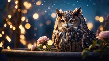 A majestic owl perched among flowers, illuminated by soft, magical lights. photo