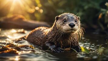 A playful otter emerging from water, illuminated by warm sunlight. photo