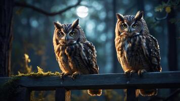 Two owls perched on a fence in a moonlit forest, creating an enchanting atmosphere. photo