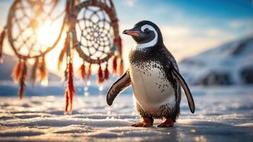 A penguin stands on snow with dreamcatchers in the background during a sunset. photo