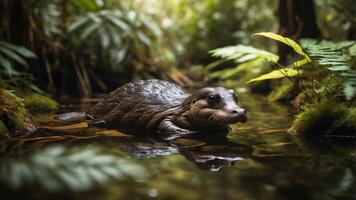 A serene aquatic scene featuring a creature in a lush, green environment. photo