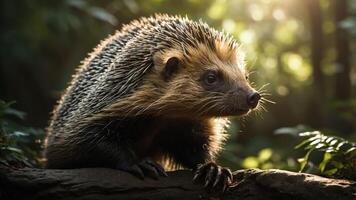 A hedgehog perched on a log in a sunlit forest, showcasing its unique features. photo