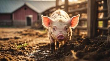 A pig walking through a farmyard, surrounded by dirt and rustic buildings. photo