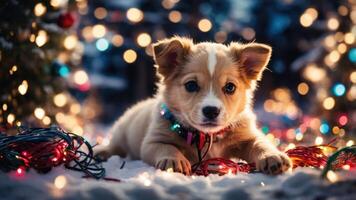 A cute puppy surrounded by colorful lights in a snowy setting, evoking a festive atmosphere. photo