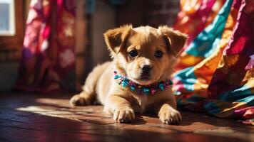 A cute puppy lying on the floor with colorful fabric in the background. photo