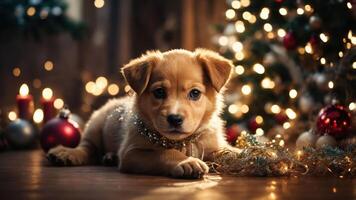 A cute puppy adorned with festive decorations, lying in front of a Christmas tree. photo