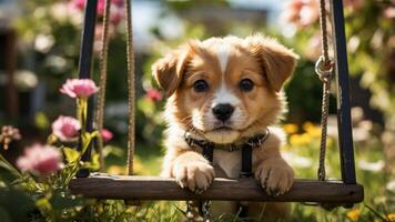 A playful puppy resting on a swing surrounded by colorful flowers in a sunny garden. photo