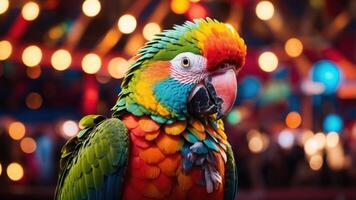 A vibrant parrot with colorful feathers, set against a blurred festive background. photo