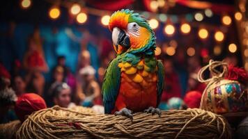 A colorful parrot perched on a rope in a lively circus setting. photo