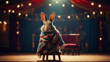 A rabbit wrapped in a colorful blanket sits on a stool in a circus-like setting. photo