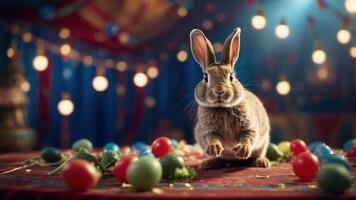 A playful rabbit surrounded by colorful vegetables and festive decorations. photo