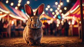 A rabbit sits in a festive setting illuminated by string lights. photo