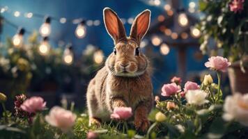 A rabbit in a flower garden illuminated by string lights, creating a whimsical atmosphere. photo