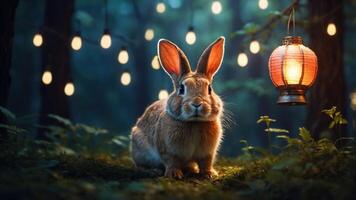 A serene rabbit sits in a forest illuminated by soft lantern lights. photo