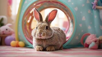 A cute rabbit resting in a colorful play area with toys and a tunnel. photo