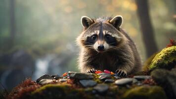 A raccoon curiously examines colorful stones in a serene forest setting. photo