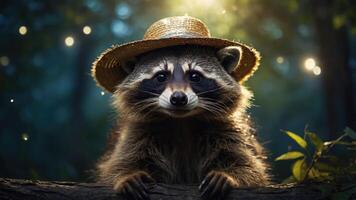A raccoon wearing a straw hat sits on a branch in a whimsical forest setting. photo