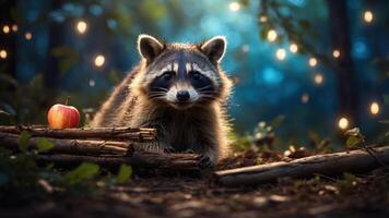 A raccoon sits among logs in a forest, with an apple nearby and soft lights in the background. photo