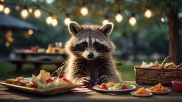 A raccoon sits at a table surrounded by various fruits and snacks, under string lights. photo