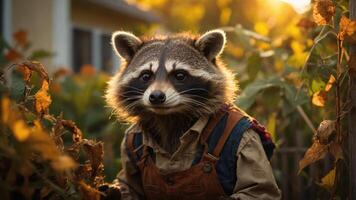 A raccoon dressed in farmer attire amid autumn foliage, capturing a whimsical rural scene. photo