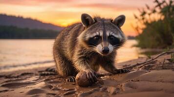A raccoon on a sandy beach at sunset, interacting with a coconut. photo