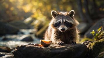 A raccoon sits on a rock by a stream, curiously eyeing a piece of orange. photo