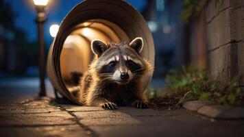 A raccoon peeks out from a cardboard tube in a dimly lit urban setting at night. photo