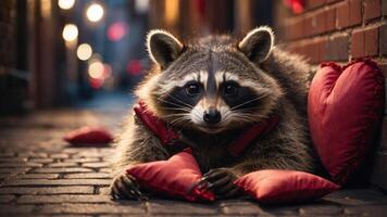 A raccoon resting on red pillows in a cozy alleyway at night. photo