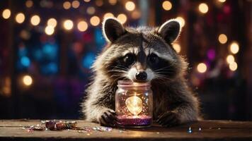 A raccoon curiously holds a jar with glowing contents amidst a festive background. photo