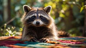 A raccoon resting on a colorful blanket in a natural setting, showcasing its curious expression. photo