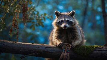 A raccoon perched on a log holds a dreamcatcher, surrounded by a serene forest backdrop. photo