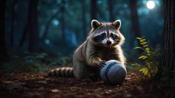 A raccoon playing with a ball in a dimly lit forest setting. photo