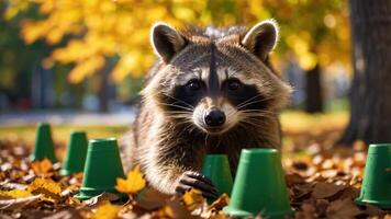 A raccoon among colorful autumn leaves and green cups in a park setting. photo