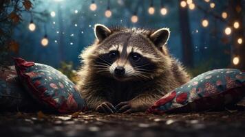 A raccoon rests on cushions in a serene, softly lit forest setting. photo