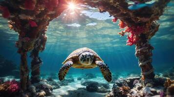 A serene underwater scene featuring a turtle swimming through coral structures. photo