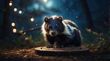A nocturnal animal with striking fur sits on a wooden platform surrounded by soft lighting. photo