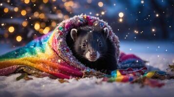 A cozy black animal wrapped in a colorful blanket, surrounded by a snowy landscape and lights. photo