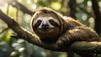 A sloth lounging on a tree branch in a lush green environment. photo