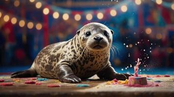 A playful seal rests on a table with colorful decorations in a festive setting. photo
