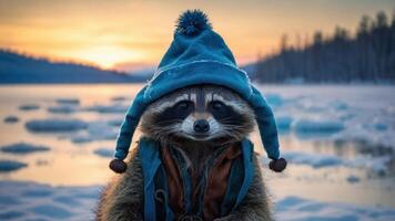 A raccoon wearing a blue hat poses against a serene winter landscape at sunset. photo
