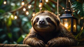 A sloth resting amidst greenery and soft lights, evoking a serene atmosphere. photo