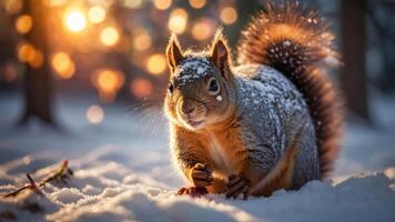 A squirrel in a snowy landscape, illuminated by soft sunlight and bokeh effects. photo