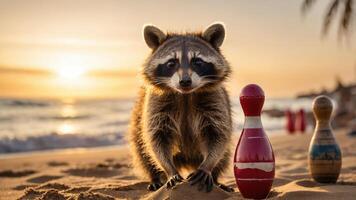 A raccoon stands on a beach beside bowling pins at sunset, creating a whimsical scene. photo