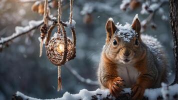 A squirrel sits on a snowy branch, with a decorative lantern hanging nearby. photo