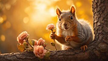 A cheerful squirrel holding a rose, set against a warm, glowing background. photo